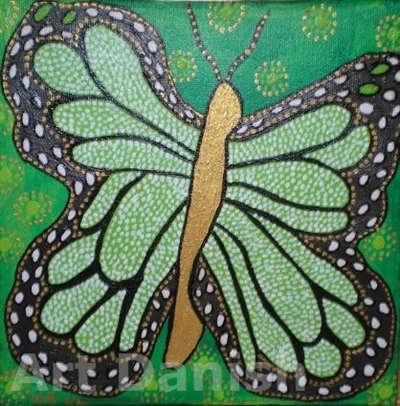 4-aboriginalmalerie  GREEN BUTTERFLY Acryl på lærred  20X20cm